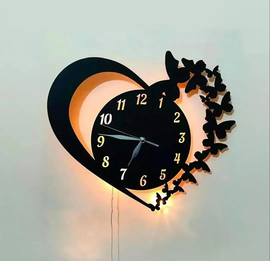 Heart shaped battery wall clock black wood decor