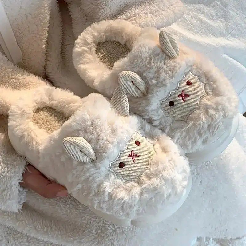 Cute Sheep Fluffy Slippers for Women Pink Winter