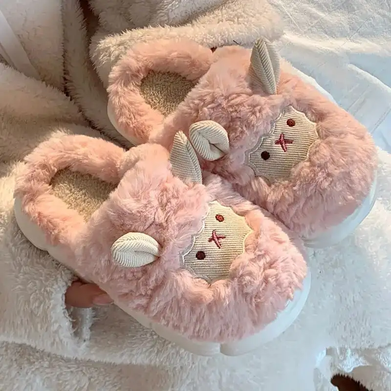 Cute Sheep Fluffy Slippers for Women Pink Winter
