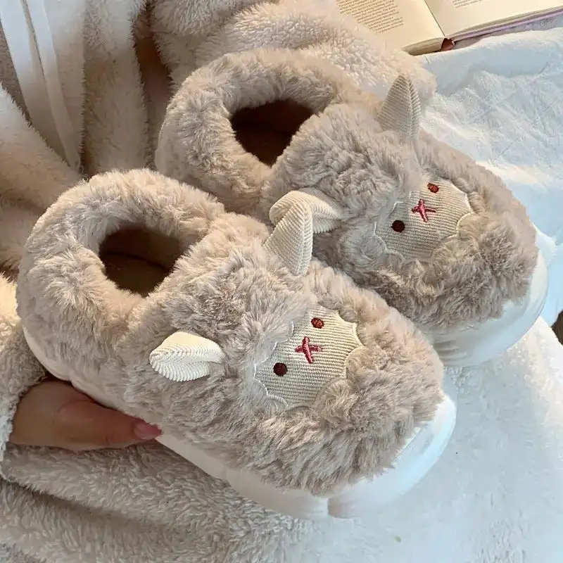 Cute Sheep Fluffy Slippers for Women Pink Winter