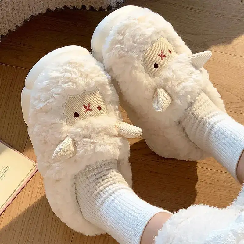 Cute Sheep Fluffy Slippers for Women Pink Winter