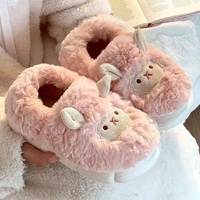 Cute Sheep Fluffy Slippers for Women Pink Winter