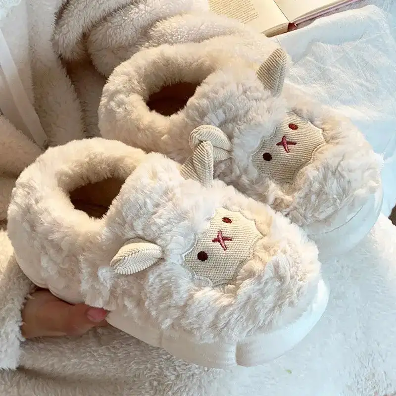 Cute Sheep Fluffy Slippers for Women Pink Winter