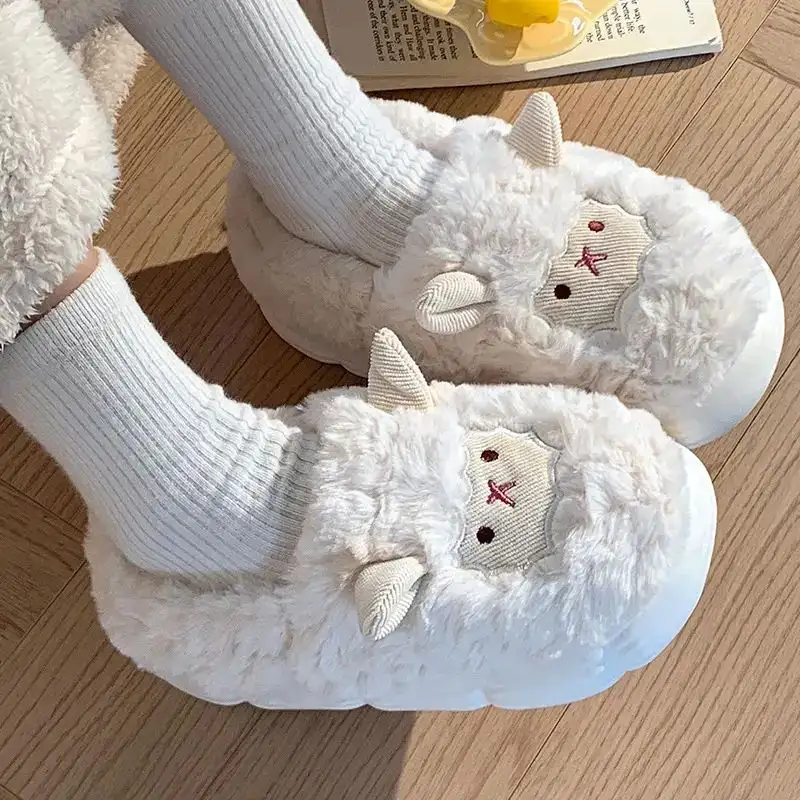 Cute Sheep Fluffy Slippers for Women Pink Winter