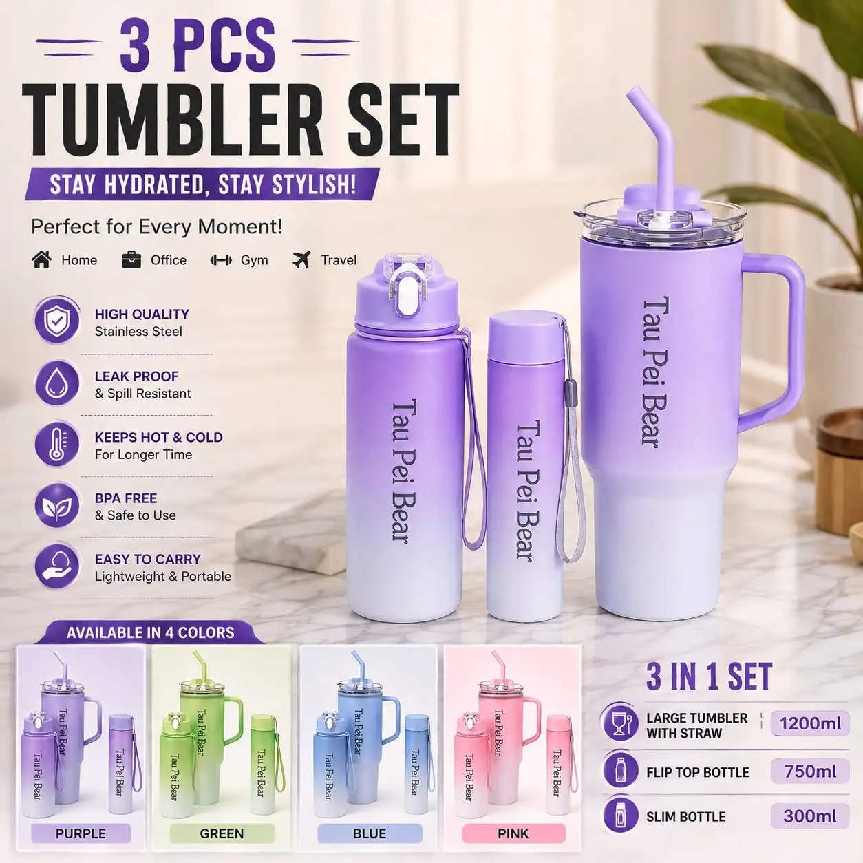 Pack of 3pcs Multicolour Tumbler Bottle set ✨