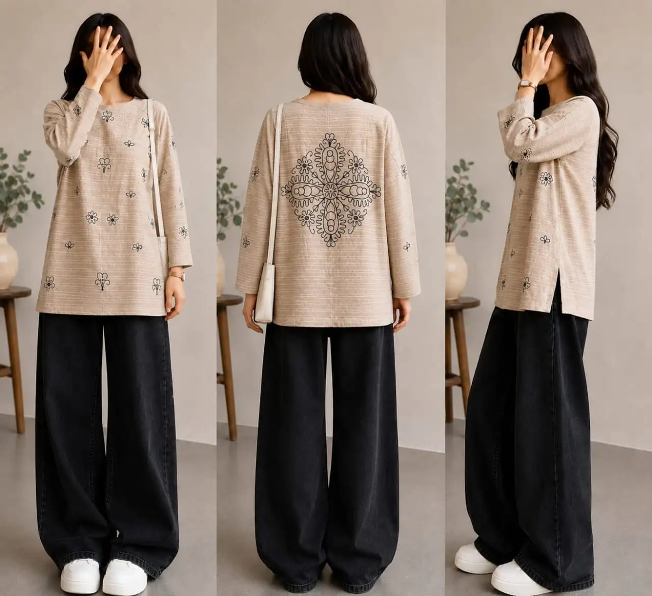 2PC EMBRIODED TOP WITH DENIM JEANS